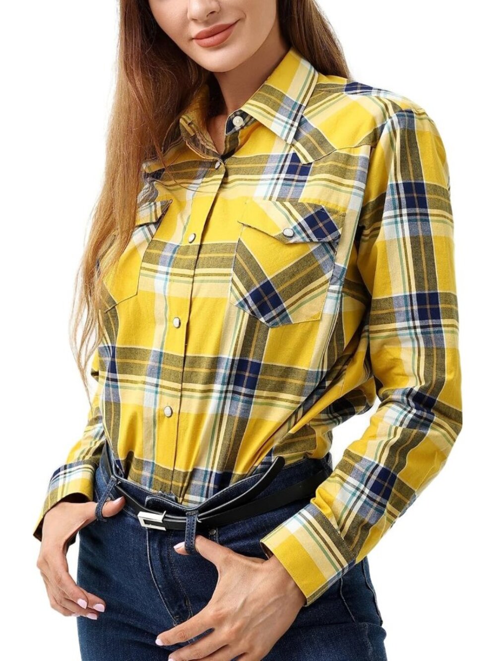 Stylish Women's Cotton Long Sleeve Western Plaid Shirt with Snap Buttons